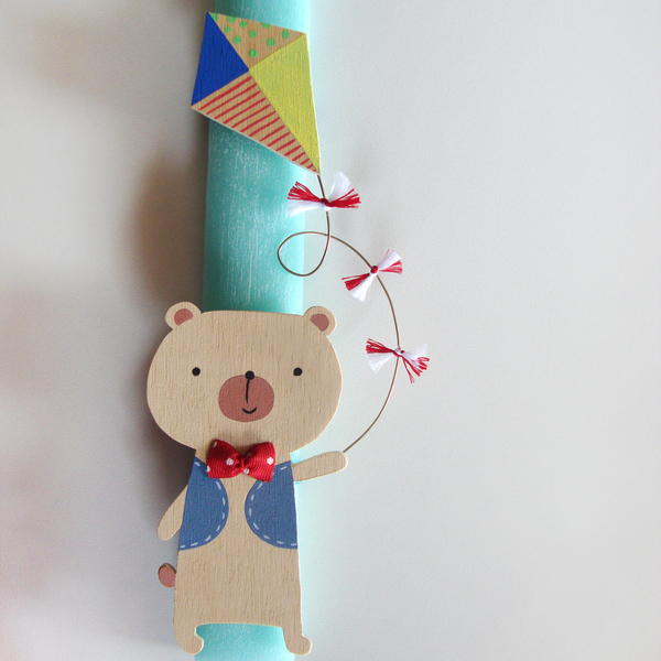Λαμπάδα "Αρκούδος με χαρταετό" by Red button - κορδέλα, ξύλο, κορίτσι, αγόρι, λαμπάδες, αρκουδάκι, κερί - 2