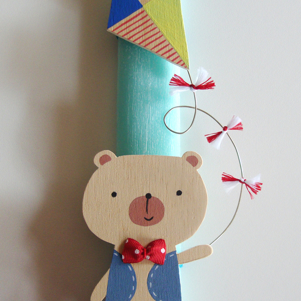 Λαμπάδα "Αρκούδος με χαρταετό" by Red button - κορδέλα, ξύλο, κορίτσι, αγόρι, λαμπάδες, αρκουδάκι, κερί - 5