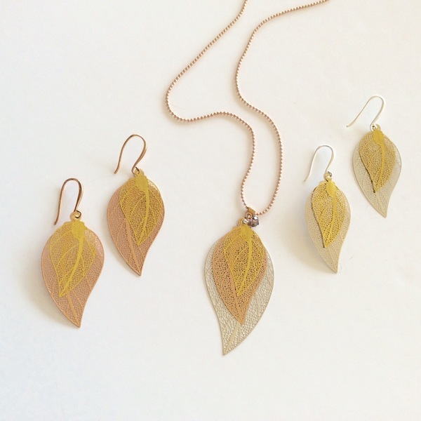 Κολιέ με τρία φύλλα φιλιγκρί - Necklace with three filigree leaves - ορείχαλκος, μακρύ, φύλλο, κρεμαστά - 3