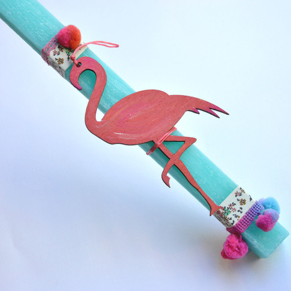 Flamingo Αρωματική Λαμπάδα - ξύλο, ζωγραφισμένα στο χέρι, λαμπάδες, pom pom, pom pom, χειροποίητα, φλοράλ, βαμβακερές κορδέλες, κερί