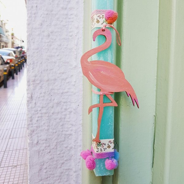 Flamingo Αρωματική Λαμπάδα - ξύλο, ζωγραφισμένα στο χέρι, λαμπάδες, pom pom, pom pom, χειροποίητα, φλοράλ, βαμβακερές κορδέλες, κερί - 2