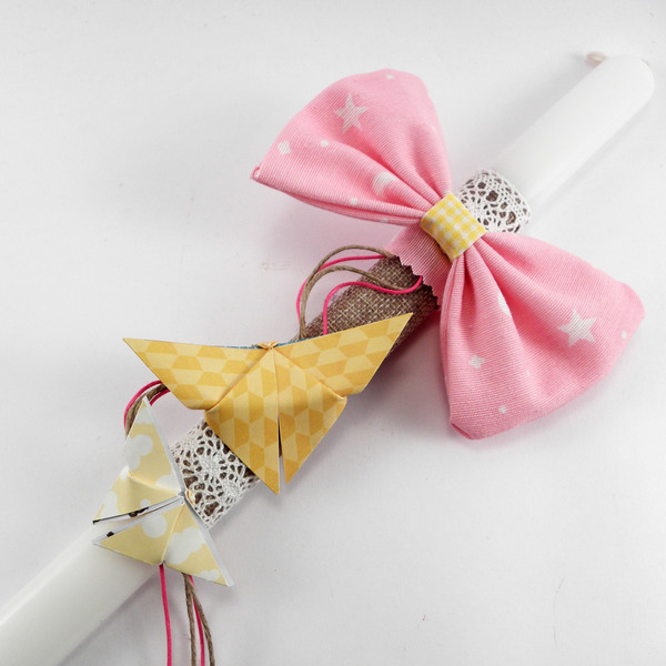 Πασχαλινή λαμπάδα με πεταλούδες Origami - φιόγκος, μοναδικό, κορίτσι, λαμπάδες, νονά, είδη δώρου, πεταλούδες