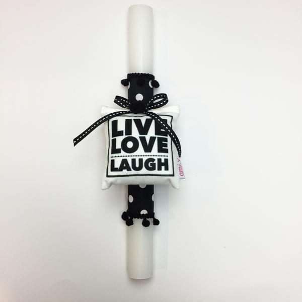 Λαμπάδα - Live Love Laugh - ύφασμα, κορδέλα, λαμπάδες, pom pom, κερί