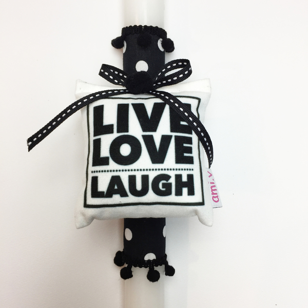 Λαμπάδα - Live Love Laugh - ύφασμα, κορδέλα, λαμπάδες, pom pom, κερί - 2
