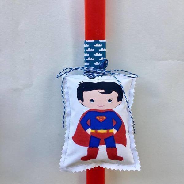 Λαμπάδα με μαξιλαράκι σούπερ ήρωας (superman) - καμβάς, λαμπάδες, κερί, για παιδιά