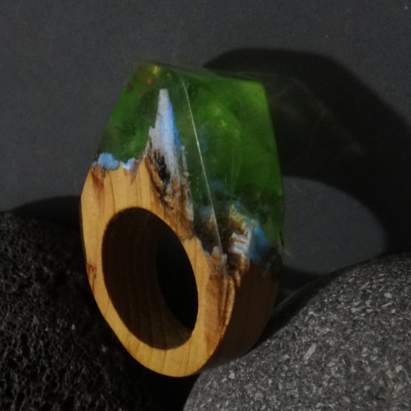 Ξύλινο Δαχτυλίδι ρητίνης “Magic Lake” - statement, ξύλο, ρητίνη, δαχτυλίδι, ξύλινο, κερί, σταθερά, μεγάλα - 5