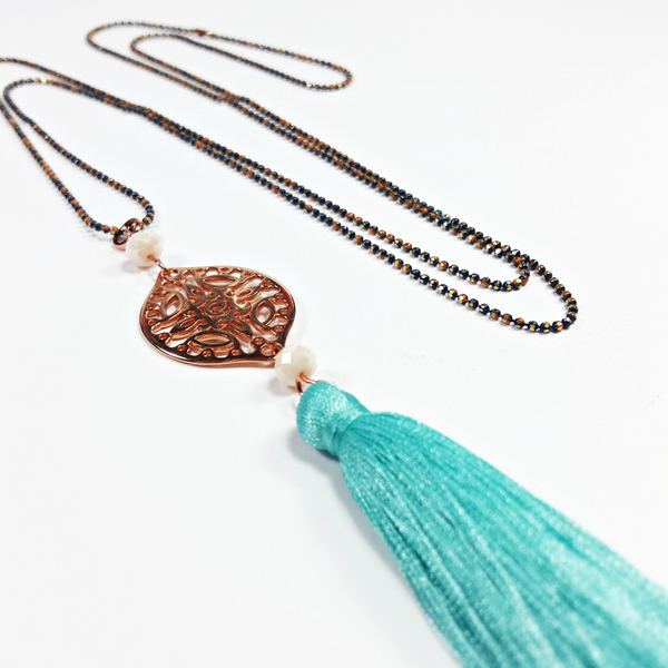 Unique summer necklace PinkGold & mint tassel! - αλυσίδες, chic, fashion, καλοκαιρινό, μοναδικό, μοντέρνο, γυναικεία, κρύσταλλα, μακρύ, με φούντες, με φούντες, κολιέ, summer, εντυπωσιακό, για όλες τις ώρες, must αξεσουάρ, must, unique