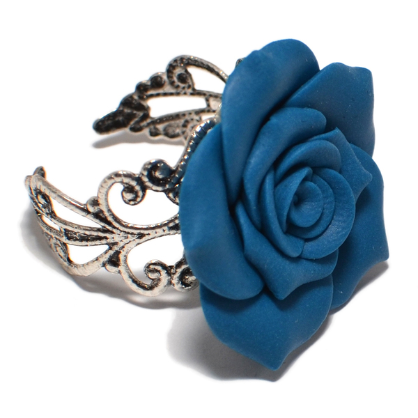 Γυναικείο δαχτυλίδι μπλε τριαντάφυλλο - γυναικεία, τριαντάφυλλο, αγάπη, πηλός, μέταλλο, δαχτυλίδι, κομψά