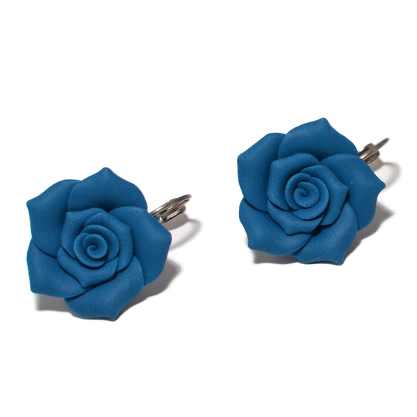 Σκουλαρίκια μπλε τριαντάφυλλα - τριαντάφυλλο, λουλούδια, αγάπη, πηλός, σκουλαρίκια, ατσάλι, κρεμαστά