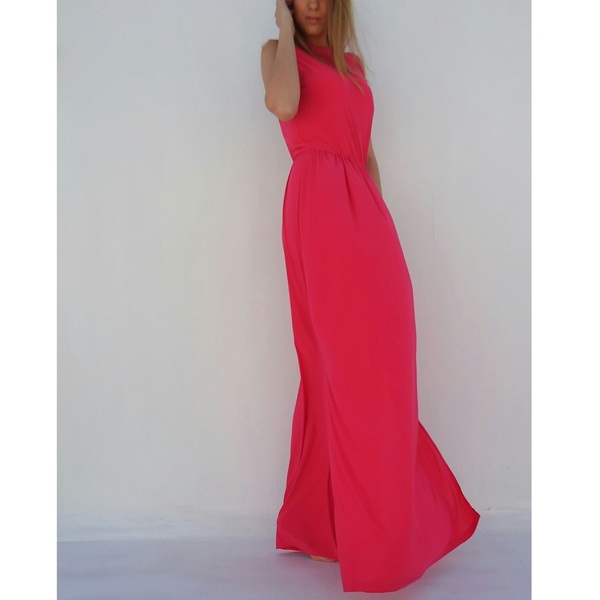 Κοραλί maxi φόρεμα με ανοιχτή πλάτη - ύφασμα, μακρύ - 3