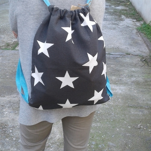 Handmade backpack - ύφασμα, βαμβάκι, fashion, κορίτσι, αστέρι, σακίδια πλάτης, χειροποίητα, must αξεσουάρ, βαμβακερές κορδέλες - 3