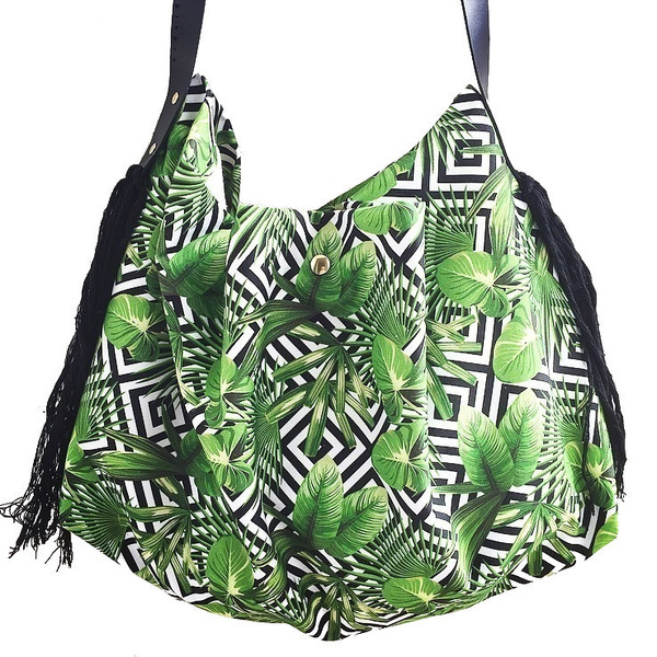 Καλοκαιρινή oversized τσάντα με πολύχρωμο σχέδιο palm trees - ύφασμα, χρωματιστό, καλοκαίρι, τσάντα, χειροποίητα, παραλία, θάλασσα, φύλλο, κρόσσια, θαλάσσης, μεγάλα