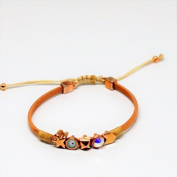 Βραχιόλι brown rose gold V1517 - δέρμα, charms, μοντέρνο, μάτι, αυξομειούμενα