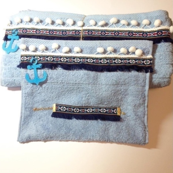 blue towel - handmade, δώρο, πετσέτα, χειροποίητα, summer, unique - 3