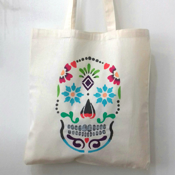 Τσάντα tote bag Dia De Los Muertos - ύφασμα, ύφασμα, βαμβάκι, handmade, ζωγραφισμένα στο χέρι, γυναικεία, τσάντα, χειροποίητα, παραλία, all day, must αξεσουάρ, must, γυναίκα