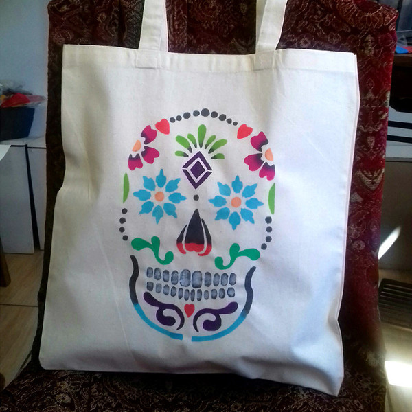 Τσάντα tote bag Dia De Los Muertos - ύφασμα, ύφασμα, βαμβάκι, handmade, ζωγραφισμένα στο χέρι, γυναικεία, τσάντα, χειροποίητα, παραλία, all day, must αξεσουάρ, must, γυναίκα - 2