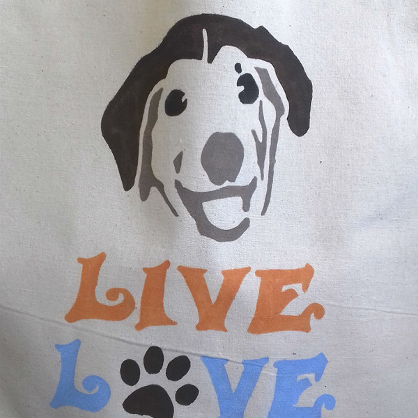 Τσάντα tote bag σκύλος Live, Love, Woof. - ύφασμα, ύφασμα, βαμβάκι, handmade, ζωγραφισμένα στο χέρι, γυναικεία, τσάντα, χειροποίητα, all day, must αξεσουάρ, must, γυναίκα - 3