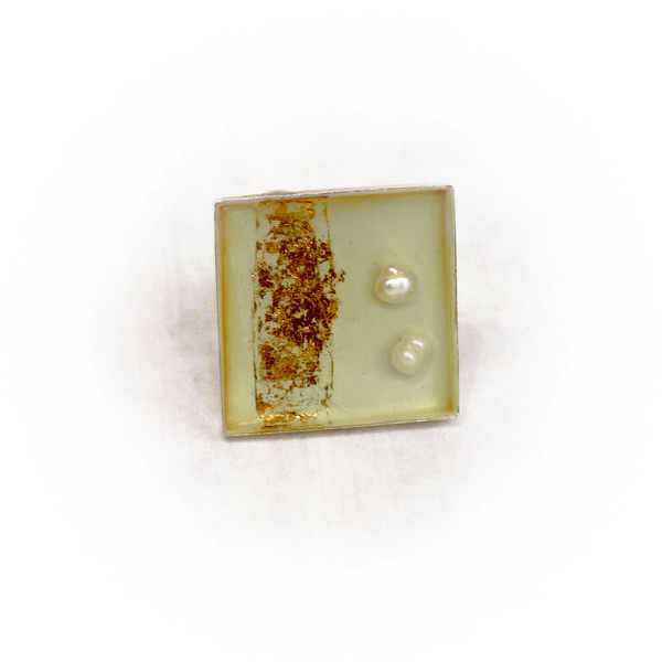 Δαχτυλίδι με υγρό γυαλί σε τετράγωνο καστόνι ( λευκό) - γυαλί, μαργαριτάρι, δαχτυλίδι, μπρούντζος - 2