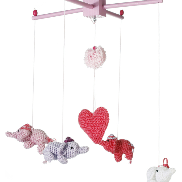 Kρεμαστό κούνιας με ξύλινο σκελετό και πλεκτά παιχνίδια- Baby Mobile Pink Elephants - βαμβάκι, ξύλο, πλεκτό, καρδιά, κορίτσι, crochet, κορδόνια, δώρα για βάπτιση, ελεφαντάκι, μόμπιλε, βρεφικά, κρεμαστά