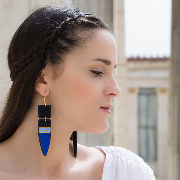 "Antigoni" - ancient greek fashion satement geometric earrings - statement, ασήμι, handmade, ριγέ, fashion, μοναδικό, μοντέρνο, γυναικεία, πηλός, γεωμετρικά σχέδια, χειροποίητα, minimal, ξεχωριστό, unique - 4