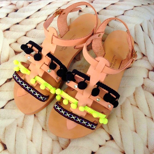 Gladiator sandals with neon and black pom pom - δέρμα, στρας, fashion, καλοκαιρινό, σανδάλι, boho, φλατ - 3