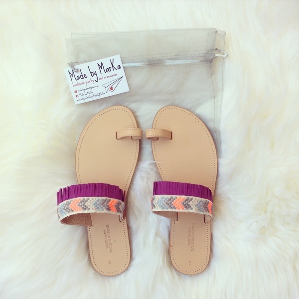 Boho sandals with neon cord - δέρμα, ύφασμα, καλοκαιρινό, σανδάλι, boho - 4