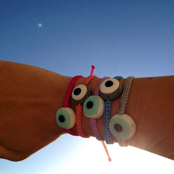 Summer evil eye macrame bracelet - statement, handmade, καλοκαιρινό, πηλός, κορδόνια, χειροποίητα - 4