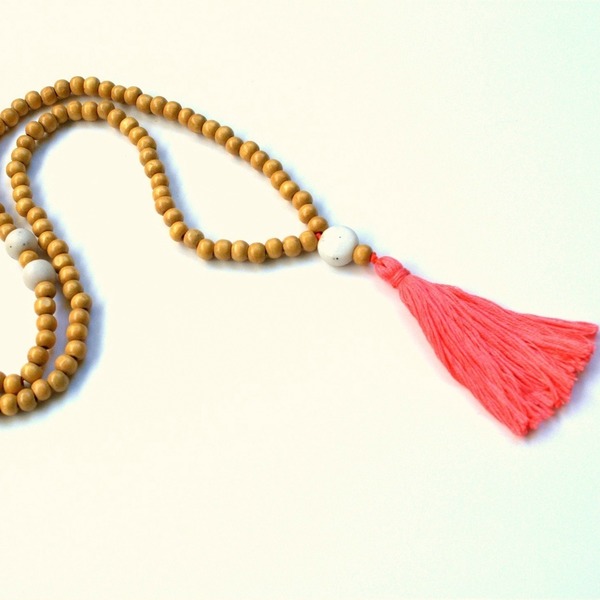 Coral tassel wooden necklace - βαμβάκι, ξύλο, καλοκαιρινό, με φούντες, πηλός, κολιέ, κορδόνια, ξύλινο, boho - 2