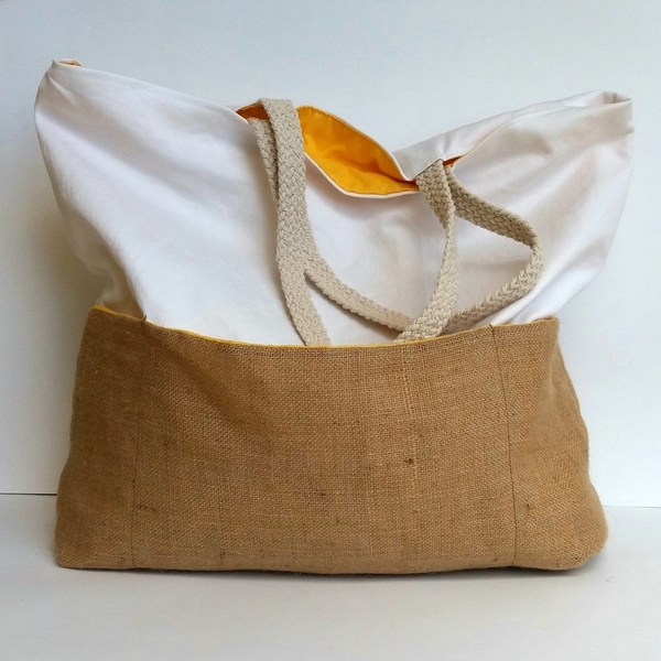 Τσάντα θαλάσσης με εξωτερικές τσέπες- the white collection - ώμου, χειροποίητα, μεγάλες, παραλία, θαλάσσης, φθηνές