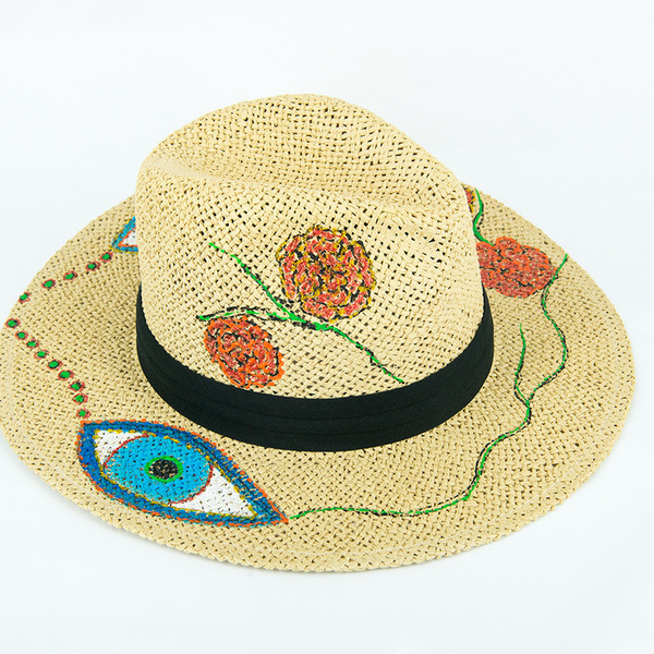 Καπέλο panama ζωγραφισμένο στο χέρι - καλοκαιρινό, ζωγραφισμένα στο χέρι, μάτι, απαραίτητα καλοκαιρινά αξεσουάρ, λουλούδι