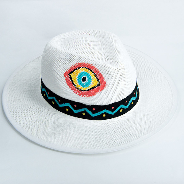 Καπέλο panama ζωγραφισμένο στο χέρι - ζωγραφισμένα στο χέρι, μάτι, απαραίτητα καλοκαιρινά αξεσουάρ