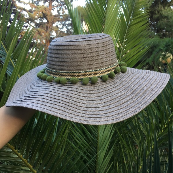 Καπέλο Olive beige hat - καλοκαίρι, ψάθα, pom pom, χειροποίητα, παραλία, απαραίτητα καλοκαιρινά αξεσουάρ, ψάθινα - 3
