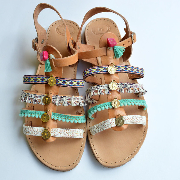 Handmade Boho Gladiator sandals - κοράλλι, με φούντες, σανδάλια, χειροποίητα, βαμβακερές κορδέλες, boho