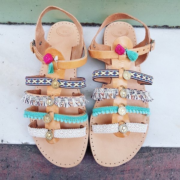 Handmade Boho Gladiator sandals - κοράλλι, με φούντες, σανδάλια, χειροποίητα, βαμβακερές κορδέλες, boho - 3