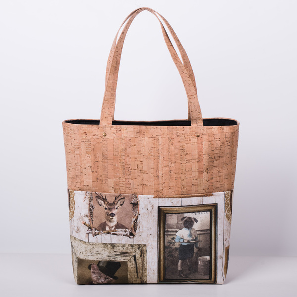 Τσάντα Ώμου " Victorian Αge of Αnimals" - ύφασμα, ώμου, τσάντα, χειροποίητα, φελλός, tote