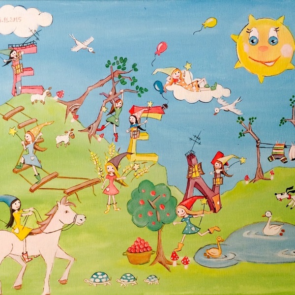 40*50 παιδικός πίνακας "Μαγισσουλες παντού" - καμβάς, κορίτσι, ακρυλικό, παιδικοί πίνακες