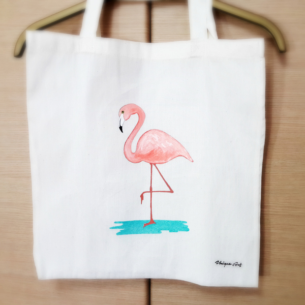 Tote Bag Flamingo! - ύφασμα, chic, ζωγραφισμένα στο χέρι, καλοκαίρι, ώμου, τσάντα, μεγάλες, παραλία, all day, απαραίτητα καλοκαιρινά αξεσουάρ, must αξεσουάρ, unique, flamingos, θαλάσσης, tote, πάνινες τσάντες, φθηνές - 2