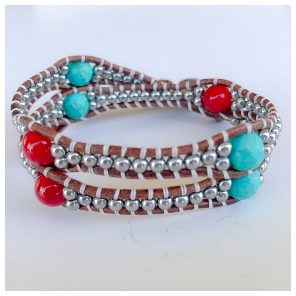 Turquoise & Coral Leather wrap bracelet - δέρμα, chic, handmade, κοράλλι, μοναδικό, ασήμι 925, χαολίτης, αιματίτης, βραχιόλι, χειροποίητα, boho - 3