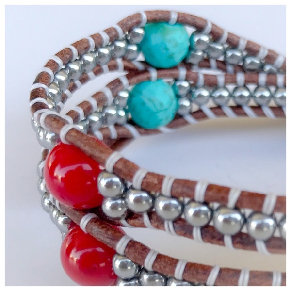 Turquoise & Coral Leather wrap bracelet - δέρμα, chic, handmade, κοράλλι, μοναδικό, ασήμι 925, χαολίτης, αιματίτης, βραχιόλι, χειροποίητα, boho - 2