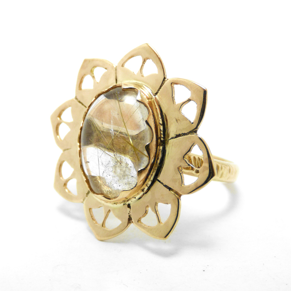 " Gold Floral Rutile " - Χειροποίητο επίχρυσο δαχτυλίδι με Xρυσό Ρουτίλιο.ζφγ - δώρα, απαραίτητα καλοκαιρινά αξεσουάρ, γυναίκα, μπρούντζος