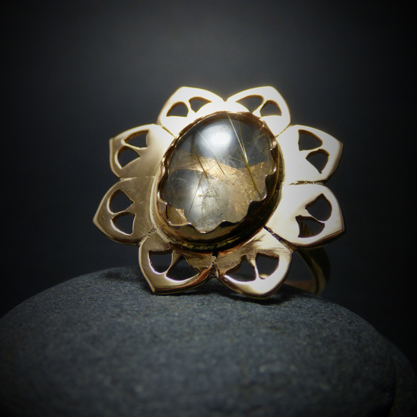 " Gold Floral Rutile " - Χειροποίητο επίχρυσο δαχτυλίδι με Xρυσό Ρουτίλιο.ζφγ - δώρα, απαραίτητα καλοκαιρινά αξεσουάρ, γυναίκα, μπρούντζος - 2
