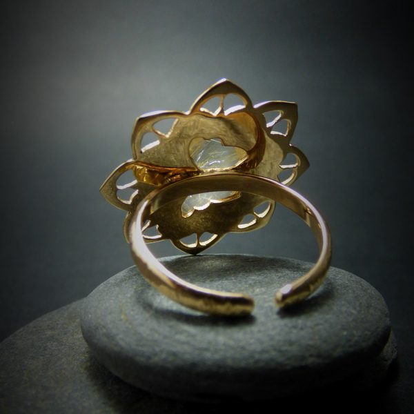 " Gold Floral Rutile " - Χειροποίητο επίχρυσο δαχτυλίδι με Xρυσό Ρουτίλιο.ζφγ - δώρα, απαραίτητα καλοκαιρινά αξεσουάρ, γυναίκα, μπρούντζος - 3