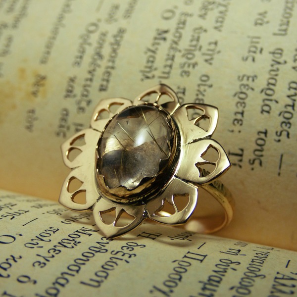 " Gold Floral Rutile " - Χειροποίητο επίχρυσο δαχτυλίδι με Xρυσό Ρουτίλιο.ζφγ - δώρα, απαραίτητα καλοκαιρινά αξεσουάρ, γυναίκα, μπρούντζος - 4