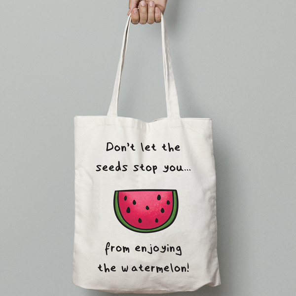 ❤Don't let the seeds stop you from enjoying the watermelon❤ | Υφασμάτινη τσάντα, 100% cotton. - ύφασμα, βαμβάκι, εκτύπωση, fashion, καλοκαιρινό, καλοκαίρι, ώμου, κορίτσι, δώρο, αγάπη, τσάντα, summer, δώρα, καρπούζι, παραλία, θάλασσα, all day, δωράκι, απαραίτητα καλοκαιρινά αξεσουάρ, ξεχωριστό, unique, θαλάσσης, all season, έλληνες σχεδιαστές, tote, δώρα για γυναίκες - 4