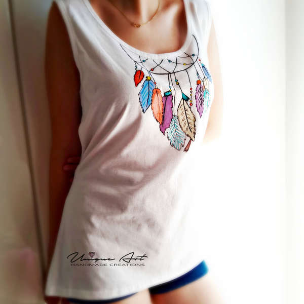 Μπλούζα ζωγραφισμένη ''Ονειροπαγίδα''! - ύφασμα, βαμβάκι, πολύχρωμο, fashion, μόδα, ζωγραφισμένα στο χέρι, ιδιαίτερο, γυναικεία, φτερό, ονειροπαγίδα, εντυπωσιακό, unique, boho - 2