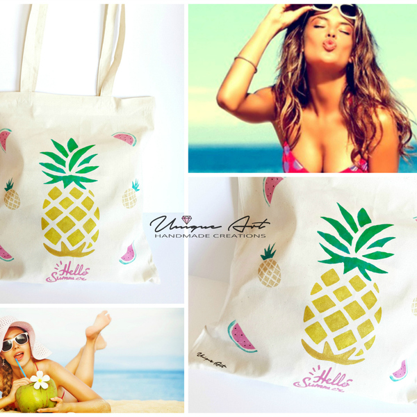 Τσάντα παραλίας | Tote bag Pineapple!!! - ύφασμα, chic, καλοκαιρινό, ζωγραφισμένα στο χέρι, μοντέρνο, γυναικεία, καλοκαίρι, ώμου, τσάντα, μεγάλες, καρπούζι, παραλία, all day, unique, θαλάσσης, tote, πάνινες τσάντες, φθηνές - 4