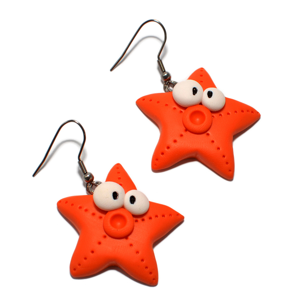 Καλοκαιρινά σκουλαρίκια σε σχήμα χαρούμενου πορτοκαλί αστερία - καλοκαιρινό, πηλός, σκουλαρίκια, χειροποίητα, ατσάλι, κρεμαστά