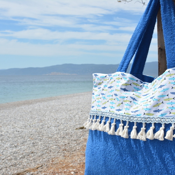 Sardela beach bag - βαμβάκι, chic, καλοκαίρι, με φούντες, τσάντα, summer, παραλία, απαραίτητα καλοκαιρινά αξεσουάρ, must αξεσουάρ, θαλάσσης - 2