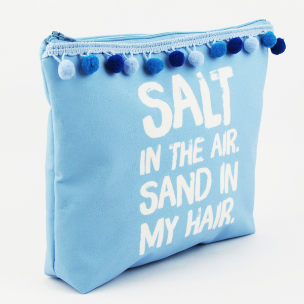 Νεσεσέρ υφασμάτινο γαλάζιο με μπλε και γαλάζιο πον πον - Salt in the air. Sand in my hair - ύφασμα, βαμβάκι, clutch, pom pom, pom pom, χειροποίητα - 2