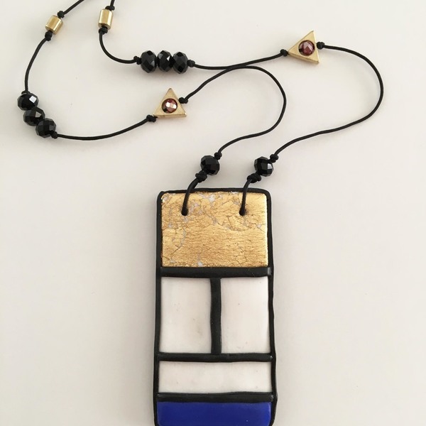 Κολιέ Μικρός "Mondrian" - chic, handmade, design, ιδιαίτερο, κρύσταλλα, μακρύ, αιματίτης, πηλός, μακραμέ, μέταλλο, πρωτότυπο, κολιέ, χειροποίητα, minimal, αυξομειούμενα - 2